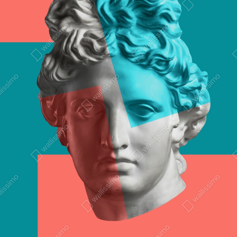 Naklejka na drzwi duotonalna rzeźba głowy w kolażu – Wallissimo® Naklejka na drzwi duotonalna rzeźba głowy w kolażu – Wallissimo®