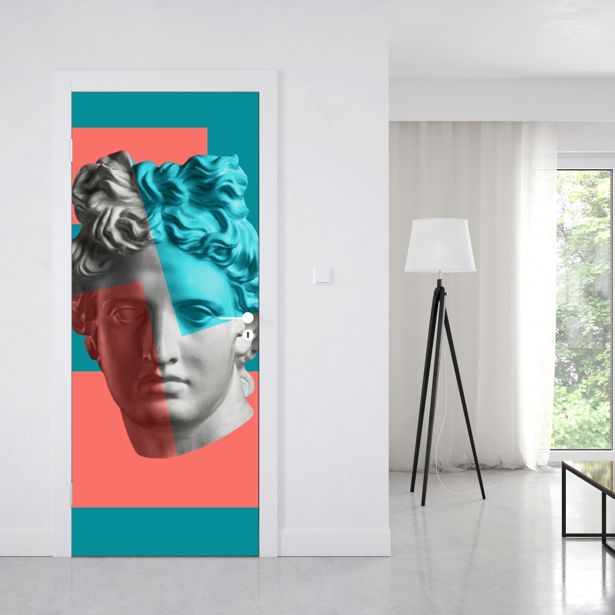 Naklejka na drzwi duotonalna rzeźba głowy w kolażu – Wallissimo® Naklejka na drzwi duotonalna rzeźba głowy w kolażu – Wallissimo®