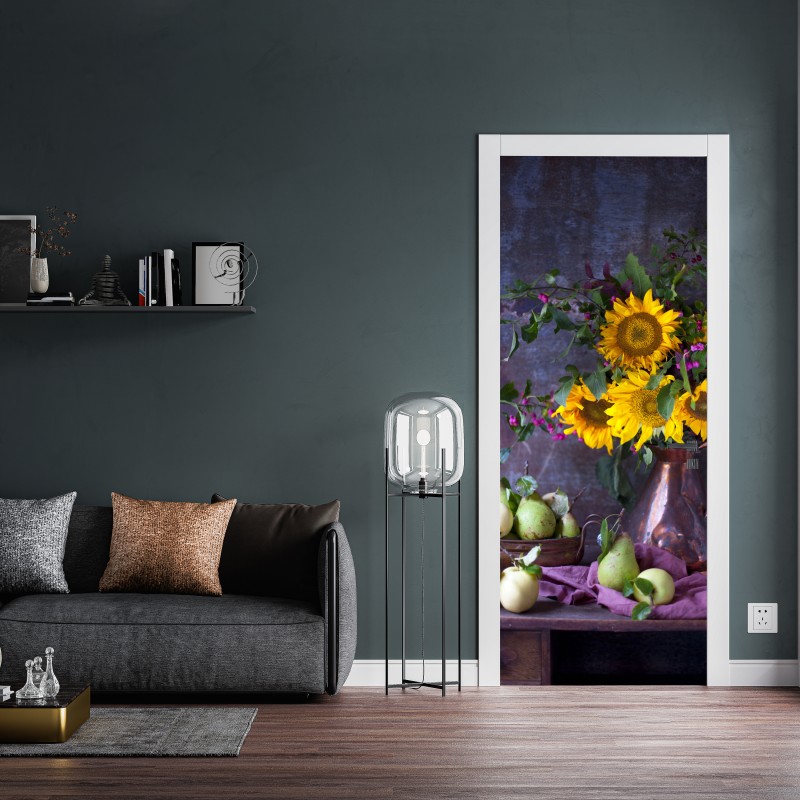 Naklejka na drzwi słoneczniki i gruszki rustykalna martwa natura – Wallissimo® Naklejka na drzwi słoneczniki i gruszki rustykalna martwa natura – Wallissimo®