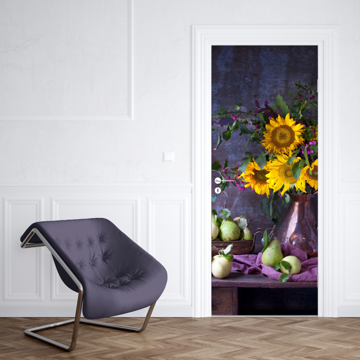 Naklejka na drzwi słoneczniki i gruszki rustykalna martwa natura – Wallissimo® Naklejka na drzwi słoneczniki i gruszki rustykalna martwa natura – Wallissimo®