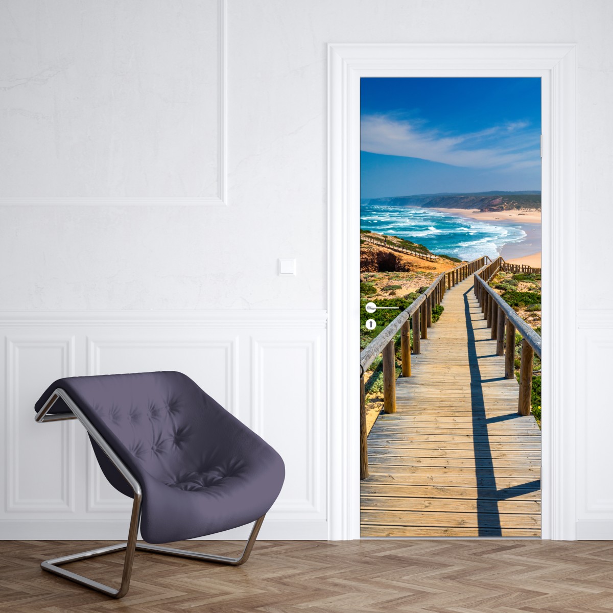 Naklejka na drzwi drewniany pomost prowadzący na plażę Praia da Bordeira – Wallissimo® Naklejka na drzwi drewniany pomost prowadzący na plażę Praia da Bordeira – Wallissimo®