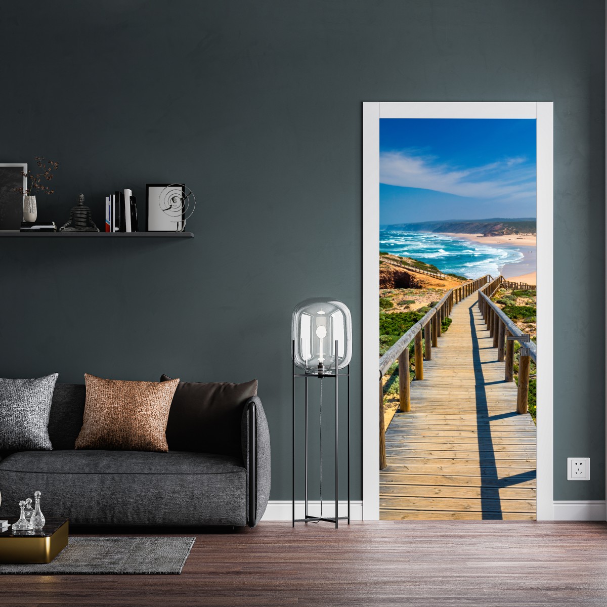 Naklejka na drzwi drewniany pomost prowadzący na plażę Praia da Bordeira – Wallissimo® Naklejka na drzwi drewniany pomost prowadzący na plażę Praia da Bordeira – Wallissimo®