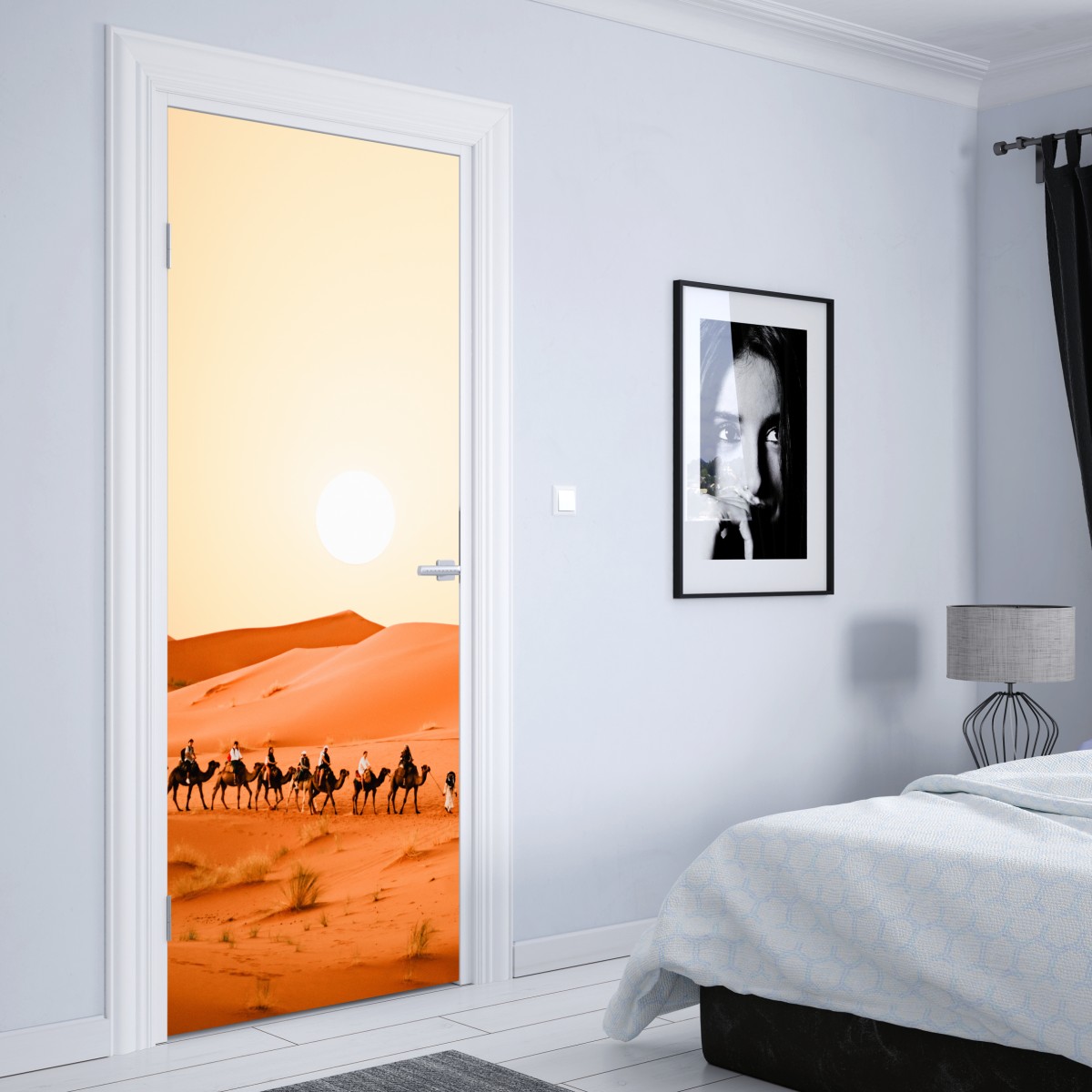 Naklejka na drzwi karawana wielbłądów o zachodzie słońca na pustyni – Wallissimo® Naklejka na drzwi karawana wielbłądów o zachodzie słońca na pustyni – Wallissimo®
