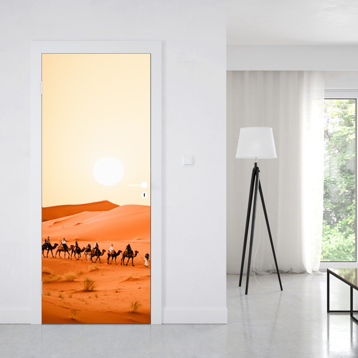 Naklejka na drzwi karawana wielbłądów o zachodzie słońca na pustyni – Wallissimo® Naklejka na drzwi karawana wielbłądów o zachodzie słońca na pustyni – Wallissimo®