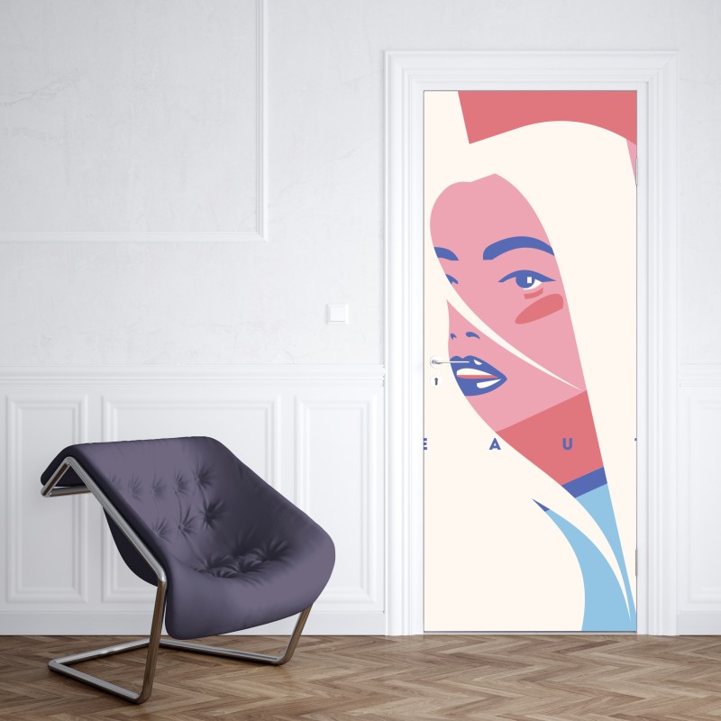 Naklejka na drzwi pastelowy pop-artowy portret piękna – Wallissimo® Naklejka na drzwi pastelowy pop-artowy portret piękna – Wallissimo®