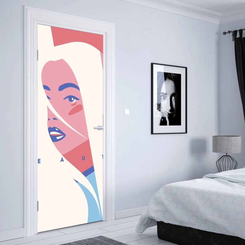 Naklejka na drzwi pastelowy pop-artowy portret piękna – Wallissimo® Naklejka na drzwi pastelowy pop-artowy portret piękna – Wallissimo®