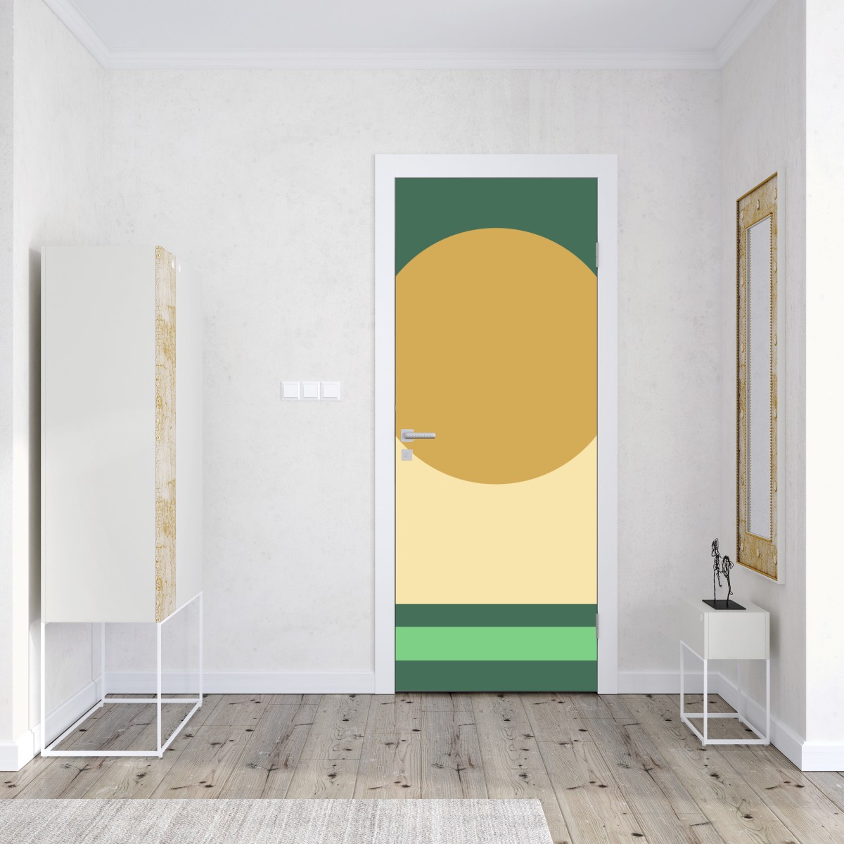 Naklejka na drzwi złote słońce nad geometrycznym blokiem – Wallissimo® Naklejka na drzwi złote słońce nad geometrycznym blokiem – Wallissimo®