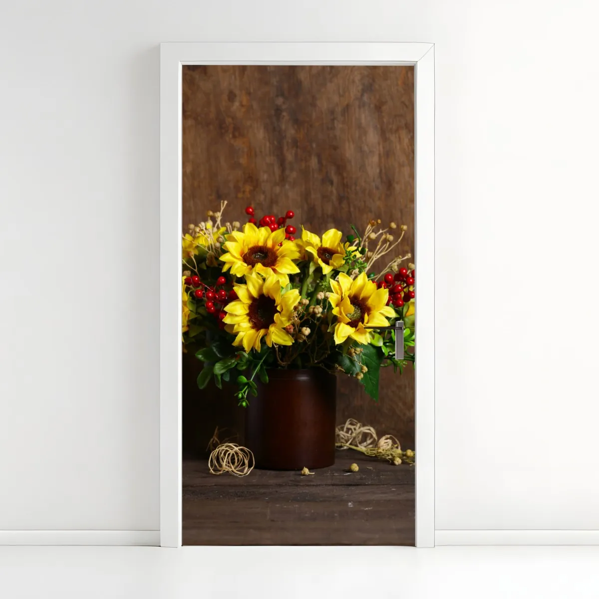 Naklejka na drzwi jesienny bukiet słoneczników na drewnianym tle – Wallissimo® Naklejka na drzwi jesienny bukiet słoneczników na drewnianym tle – Wallissimo®