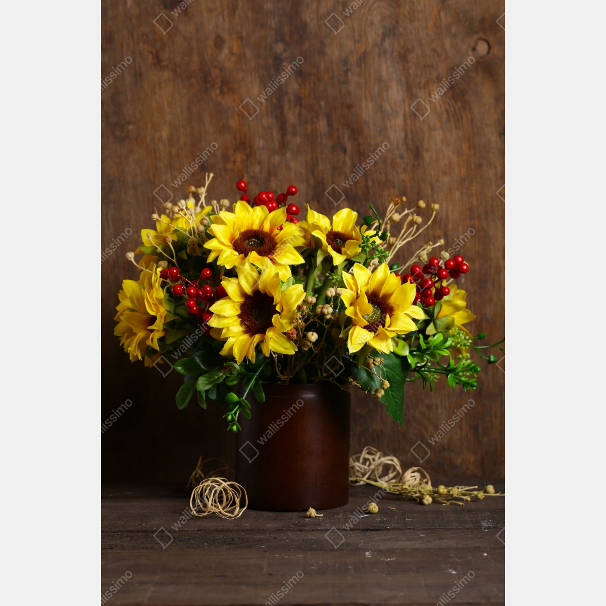 Naklejka na drzwi jesienny bukiet słoneczników na drewnianym tle – Wallissimo® Naklejka na drzwi jesienny bukiet słoneczników na drewnianym tle – Wallissimo®