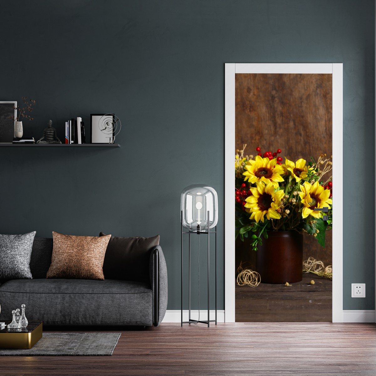 Naklejka na drzwi jesienny bukiet słoneczników na drewnianym tle – Wallissimo® Naklejka na drzwi jesienny bukiet słoneczników na drewnianym tle – Wallissimo®