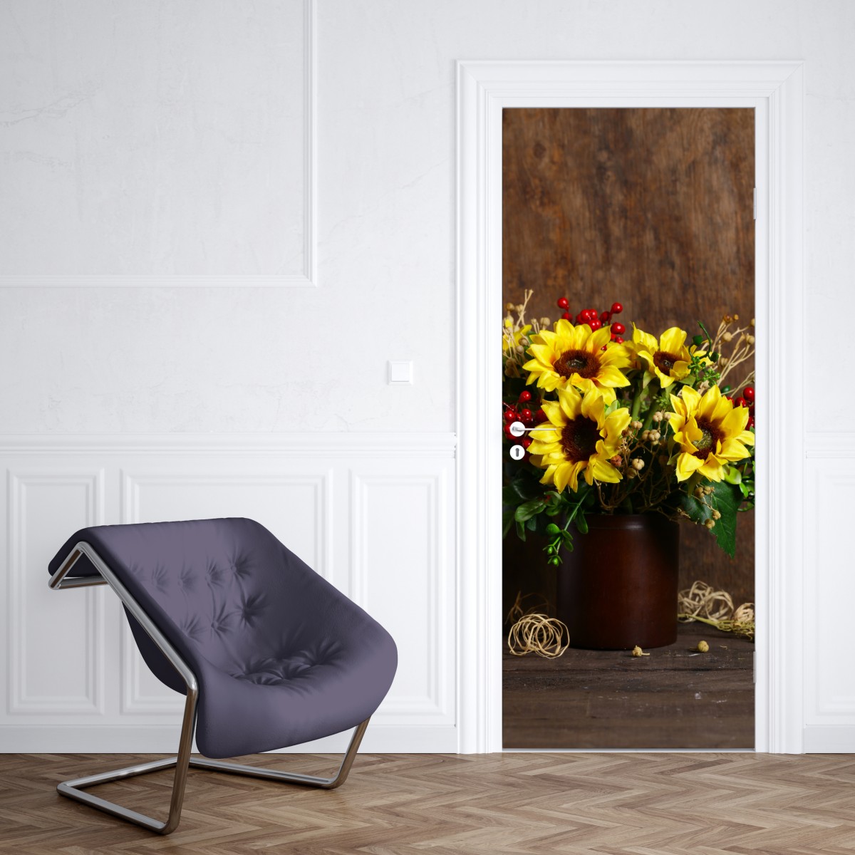 Naklejka na drzwi jesienny bukiet słoneczników na drewnianym tle – Wallissimo® Naklejka na drzwi jesienny bukiet słoneczników na drewnianym tle – Wallissimo®