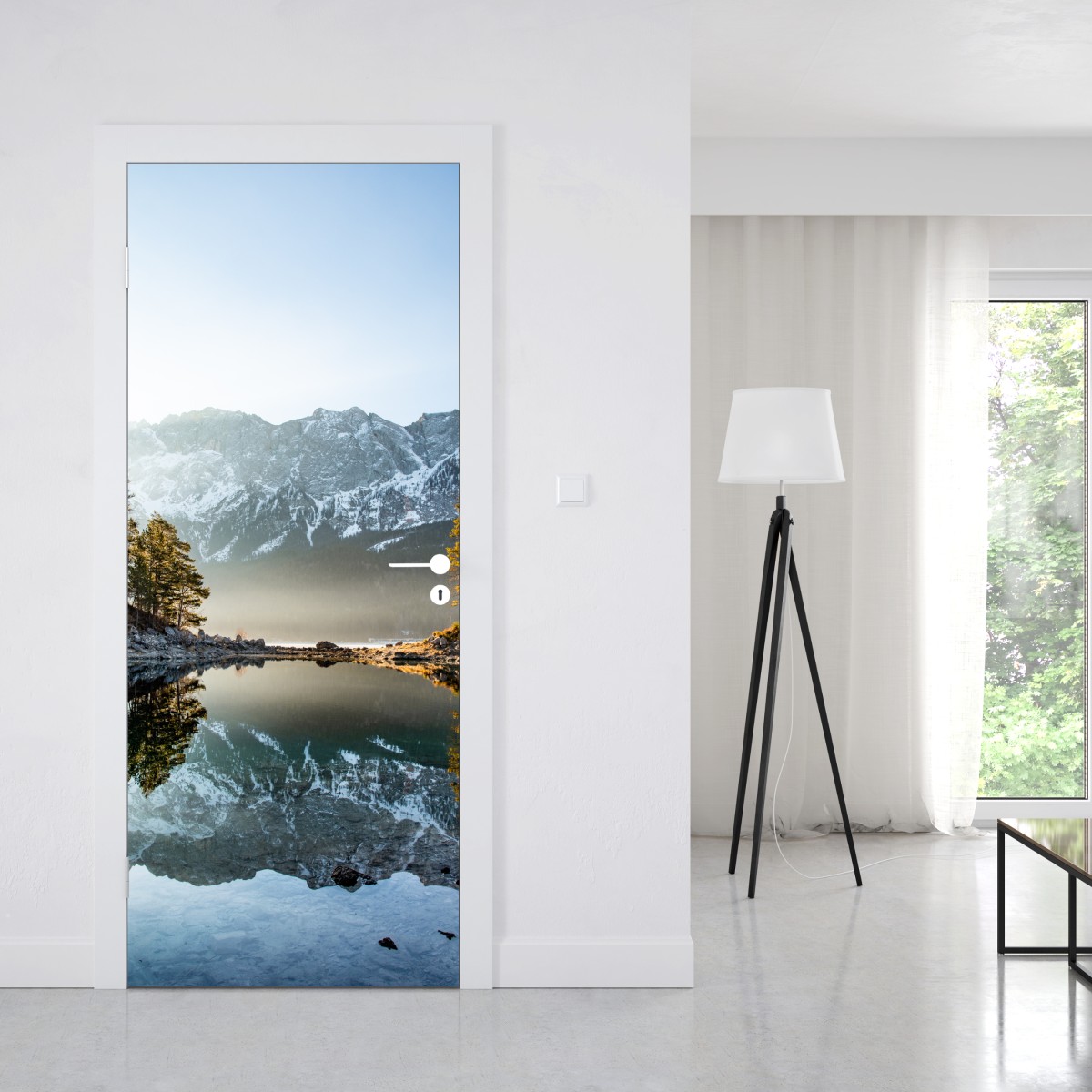 Naklejka na drzwi odbicie górskie na jeziorze o poranku – Wallissimo® Naklejka na drzwi odbicie górskie na jeziorze o poranku – Wallissimo®