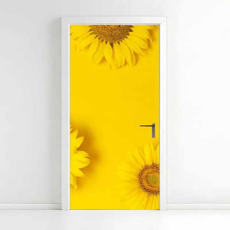 Naklejka na drzwi trio słoneczników na żółtym tle