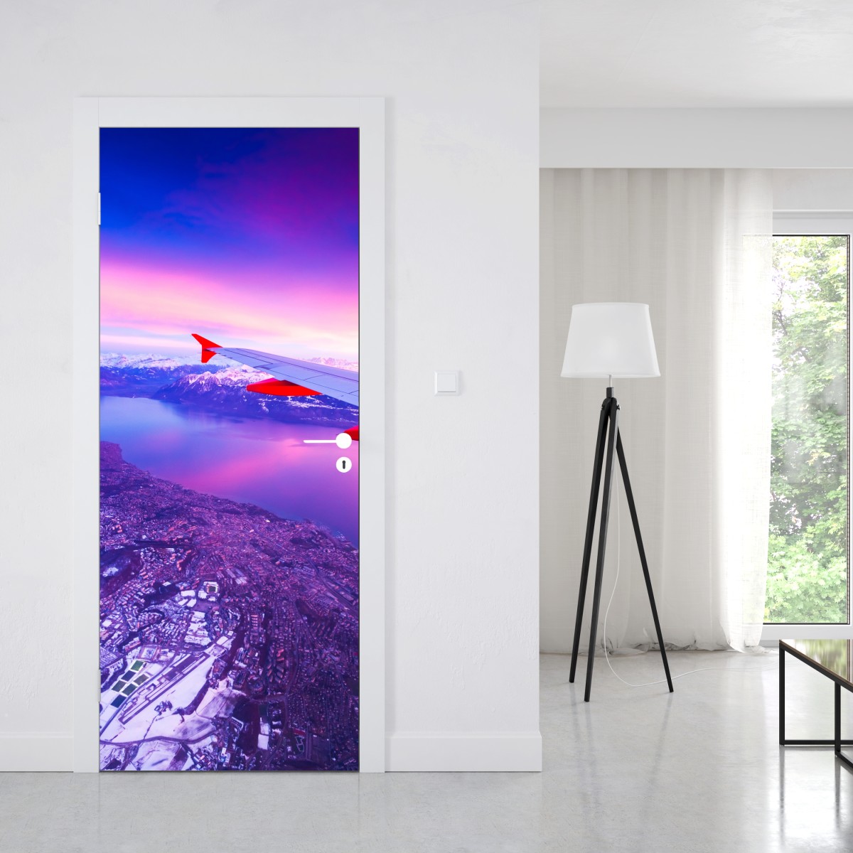 Naklejka na drzwi panorama miasta nad jeziorem z lotu ptaka o zachodzie – Wallissimo® Naklejka na drzwi panorama miasta nad jeziorem z lotu ptaka o zachodzie – Wallissimo®