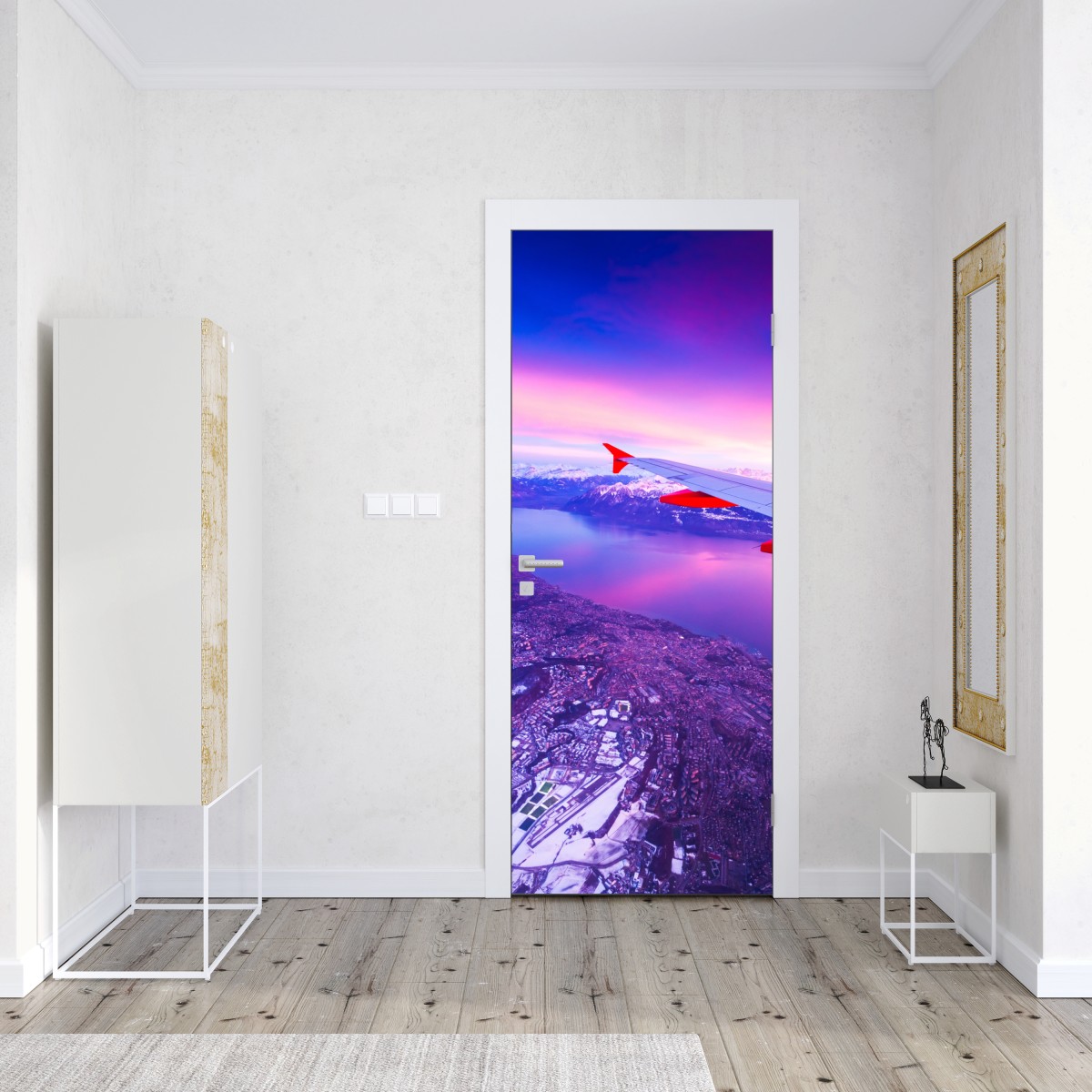 Naklejka na drzwi panorama miasta nad jeziorem z lotu ptaka o zachodzie – Wallissimo® Naklejka na drzwi panorama miasta nad jeziorem z lotu ptaka o zachodzie – Wallissimo®