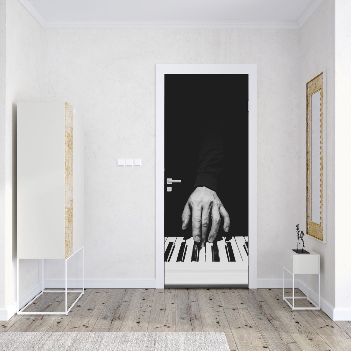 Naklejka na drzwi monochromatyczne zbliżenie ręki przy pianinie – Wallissimo® Naklejka na drzwi monochromatyczne zbliżenie ręki przy pianinie – Wallissimo®