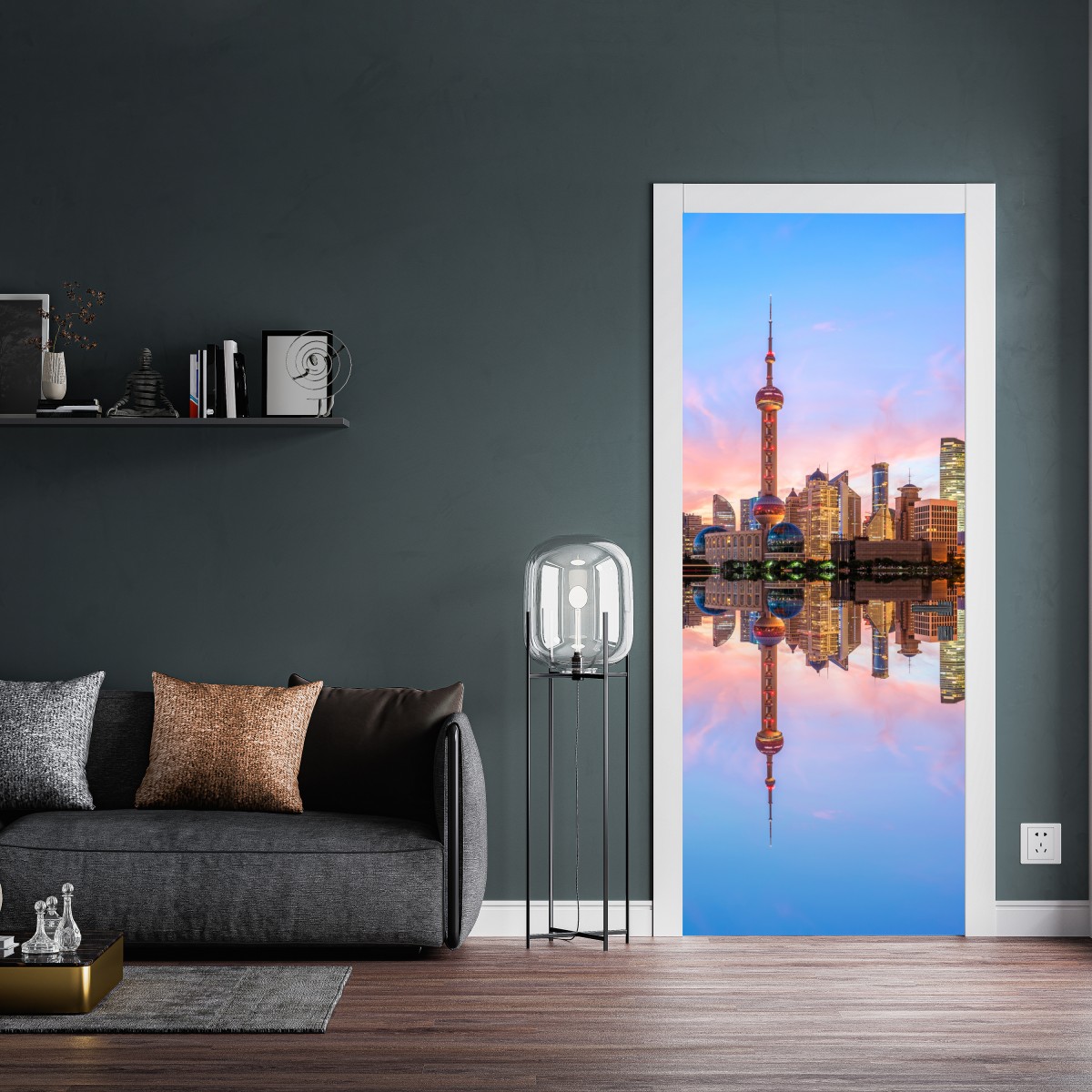 Naklejka na drzwi Szanghaj o wschodzie słońca – Wallissimo® Naklejka na drzwi Szanghaj o wschodzie słońca – Wallissimo®