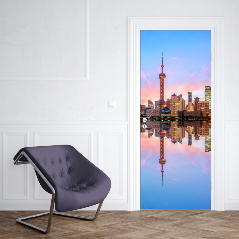 Naklejka na drzwi Szanghaj o wschodzie słońca – Wallissimo® Naklejka na drzwi Szanghaj o wschodzie słońca – Wallissimo®