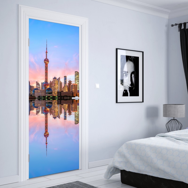 Naklejka na drzwi Szanghaj o wschodzie słońca – Wallissimo® Naklejka na drzwi Szanghaj o wschodzie słońca – Wallissimo®