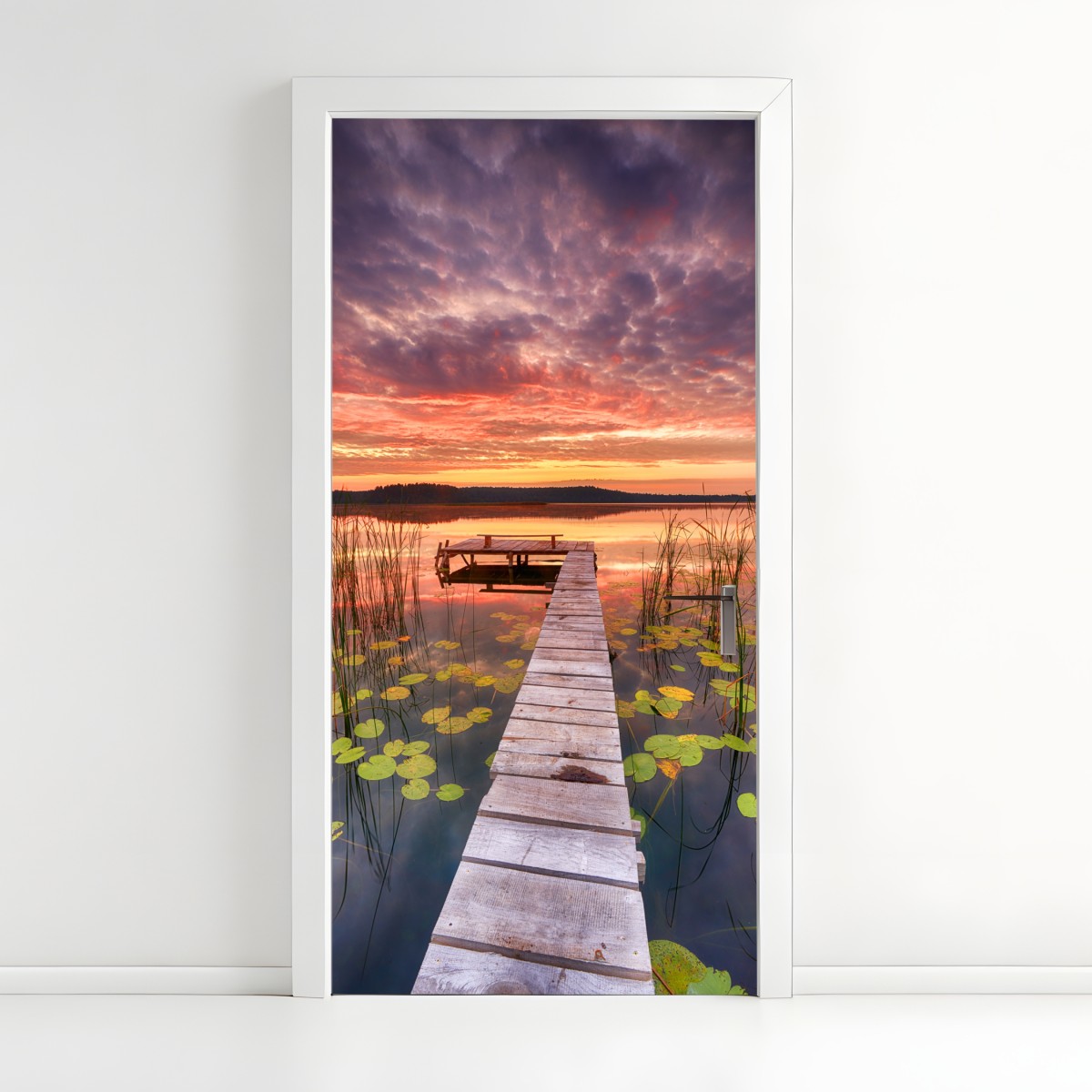 Door sticker sunrise over a tranquil lake pier – Wallissimo®