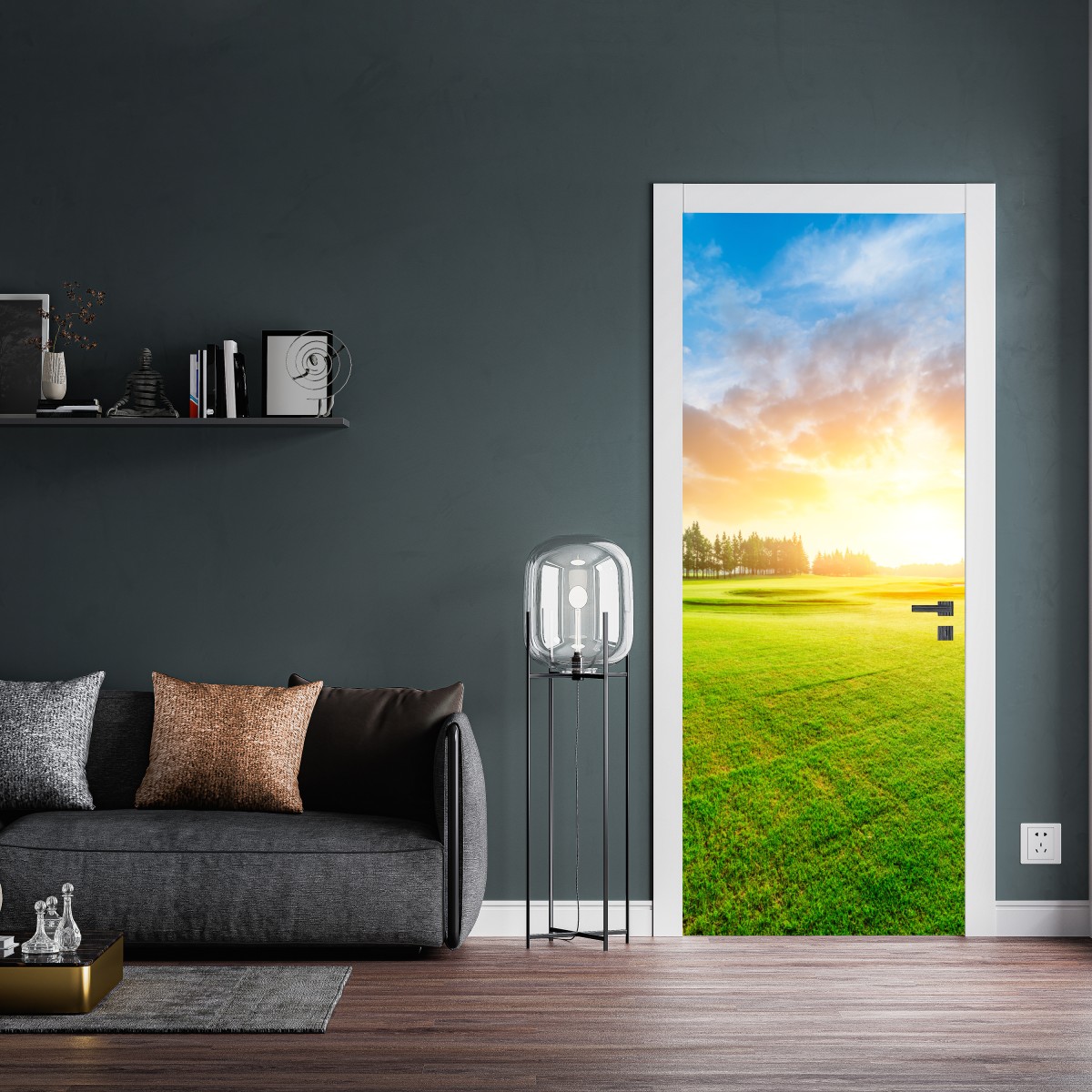 Naklejka na drzwi słoneczna łąka i las o wschodzie słońca – Wallissimo® Naklejka na drzwi słoneczna łąka i las o wschodzie słońca – Wallissimo®