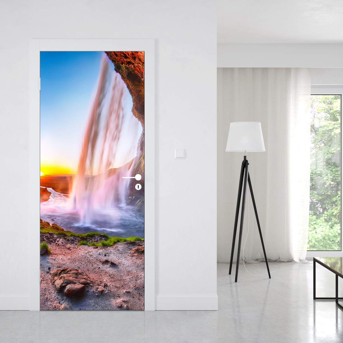 Naklejka na drzwi Seljalandsfoss wodospad o zachodzie słońca – Wallissimo® Naklejka na drzwi Seljalandsfoss wodospad o zachodzie słońca – Wallissimo®