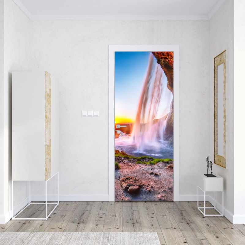 Naklejka na drzwi Seljalandsfoss wodospad o zachodzie słońca – Wallissimo® Naklejka na drzwi Seljalandsfoss wodospad o zachodzie słońca – Wallissimo®