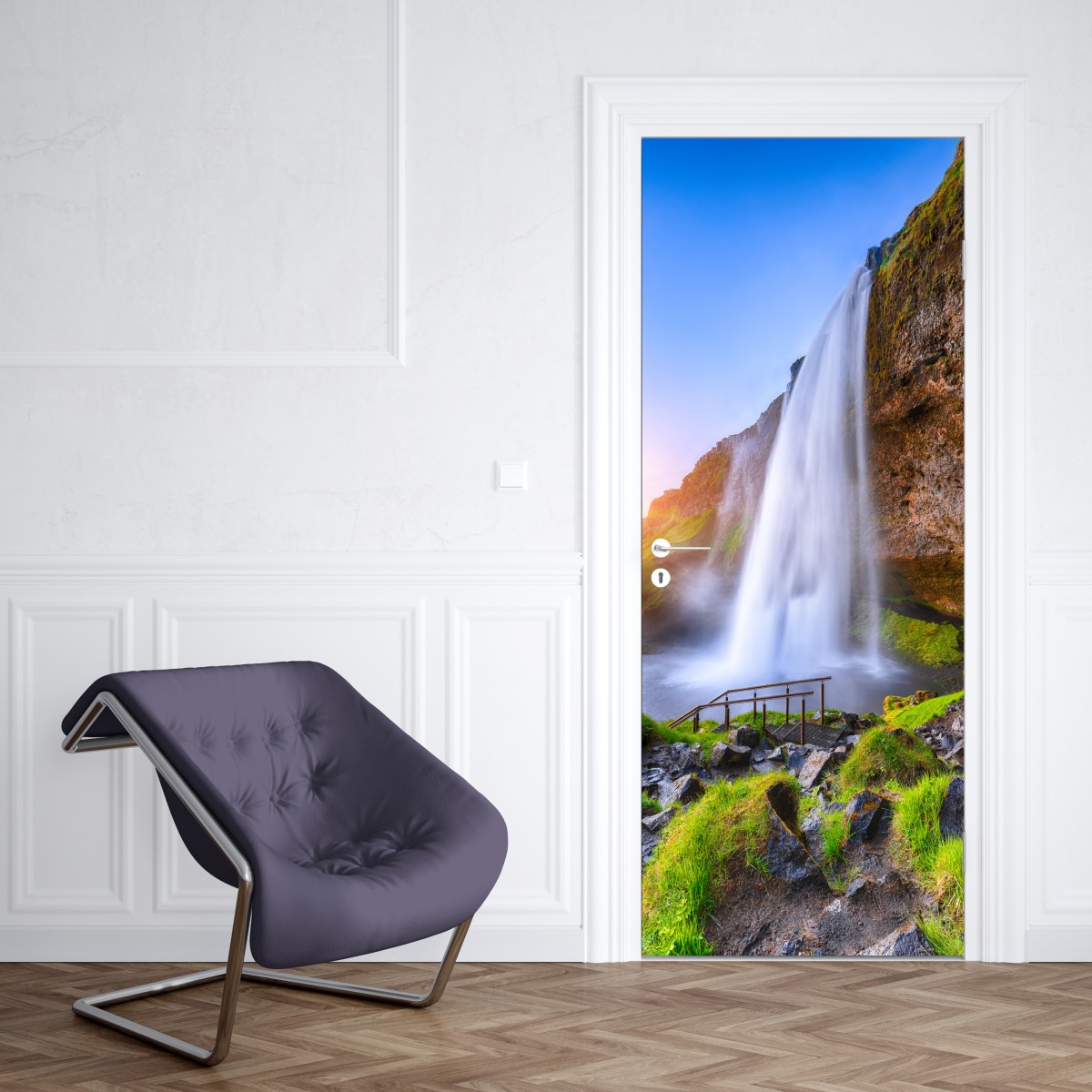 Naklejka na drzwi Seljalandsfoss wodospad o zachodzie słońca – Wallissimo® Naklejka na drzwi Seljalandsfoss wodospad o zachodzie słońca – Wallissimo®