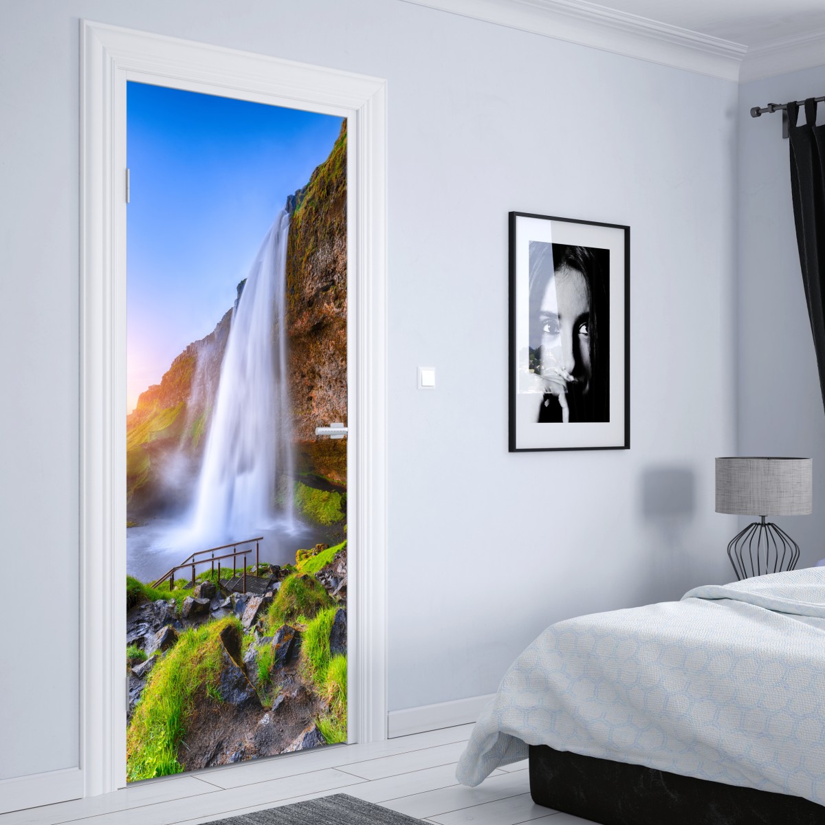 Naklejka na drzwi Seljalandsfoss wodospad o zachodzie słońca – Wallissimo® Naklejka na drzwi Seljalandsfoss wodospad o zachodzie słońca – Wallissimo®