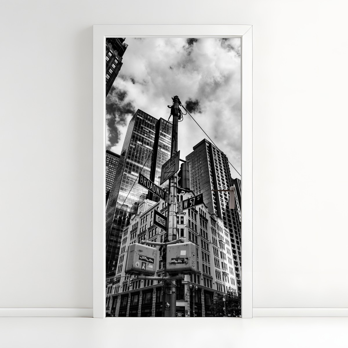 Door sticker Broadway at W 57 St — urban skyline in black and white – Wallissimo®