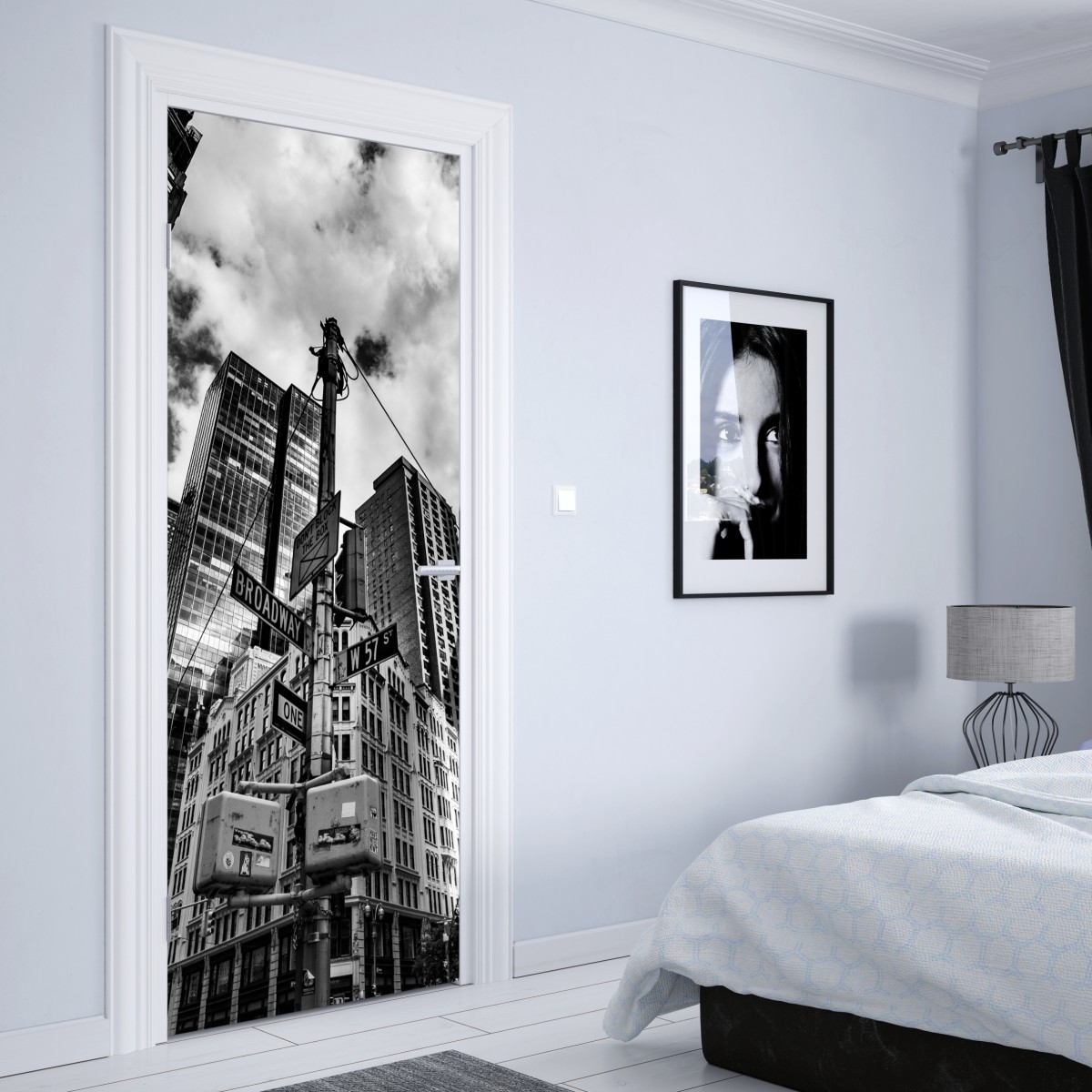 Naklejka na drzwi Broadway i W 57 St — miejska panorama w czerni i bieli – Wallissimo® Naklejka na drzwi Broadway i W 57 St — miejska panorama w czerni i bieli – Wallissimo®