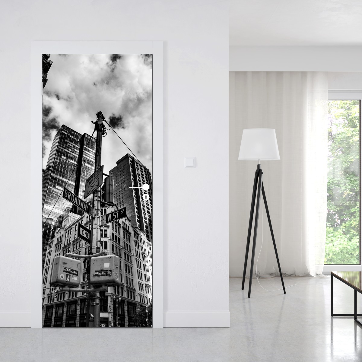 Naklejka na drzwi Broadway i W 57 St — miejska panorama w czerni i bieli – Wallissimo® Naklejka na drzwi Broadway i W 57 St — miejska panorama w czerni i bieli – Wallissimo®