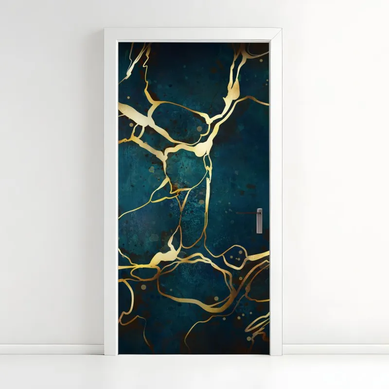 Naklejka na drzwi turkusowo-złota abstrakcja ze złotymi żyłami