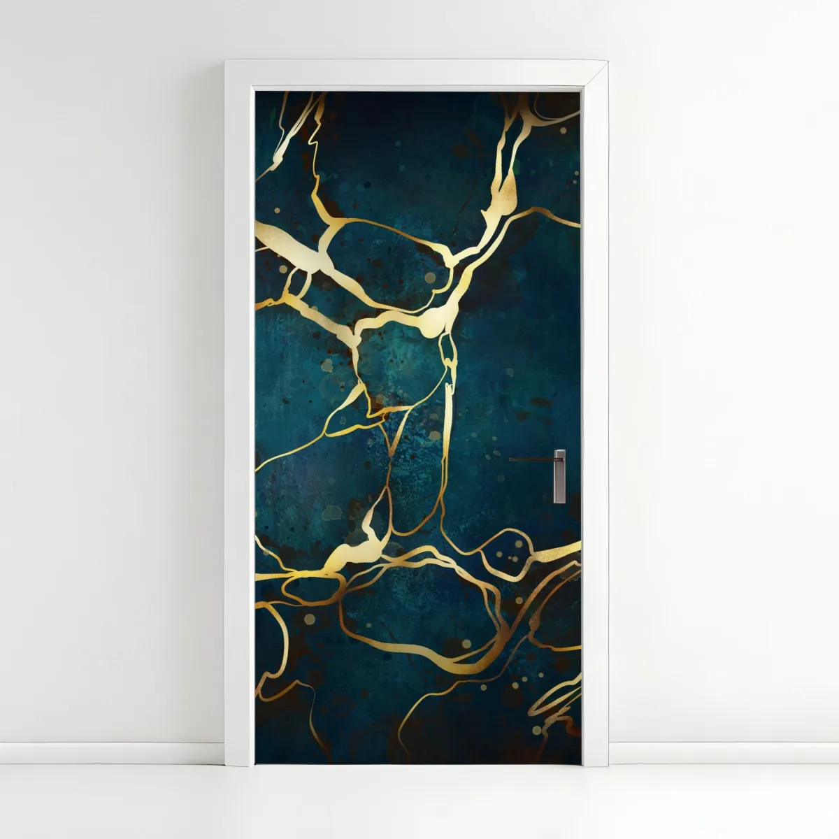 Naklejka na drzwi turkusowo-złota abstrakcja ze złotymi żyłami – Wallissimo® Naklejka na drzwi turkusowo-złota abstrakcja ze złotymi żyłami – Wallissimo®