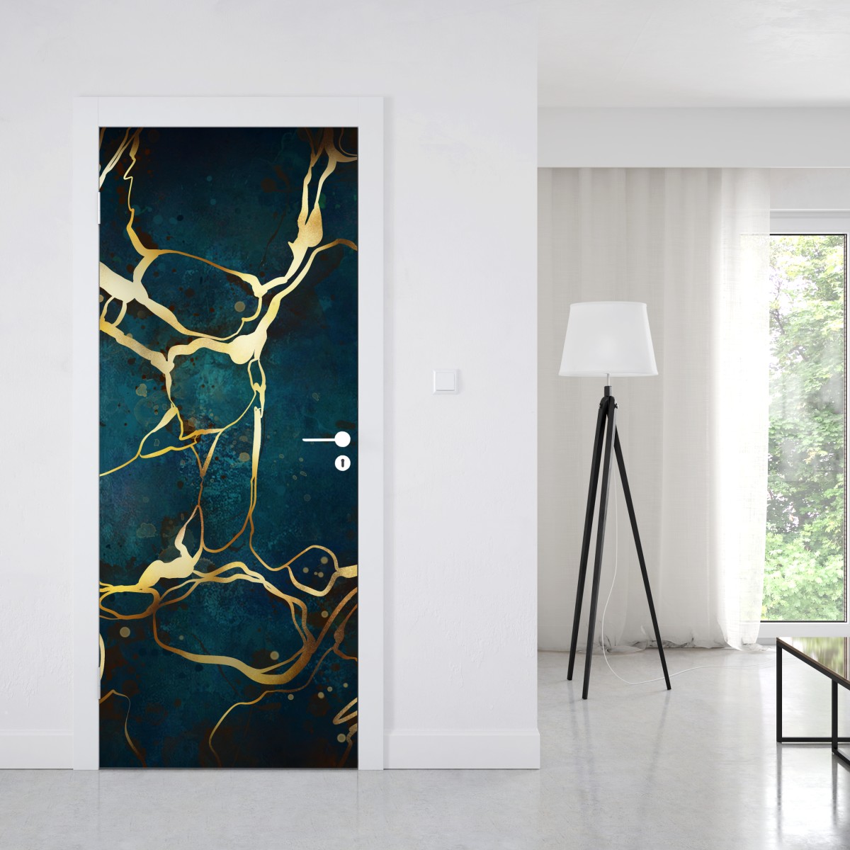 Naklejka na drzwi turkusowo-złota abstrakcja ze złotymi żyłami – Wallissimo® Naklejka na drzwi turkusowo-złota abstrakcja ze złotymi żyłami – Wallissimo®