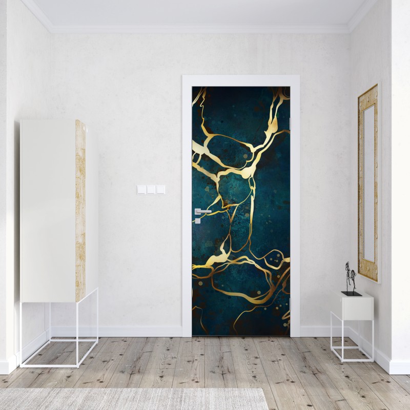Naklejka na drzwi turkusowo-złota abstrakcja ze złotymi żyłami – Wallissimo® Naklejka na drzwi turkusowo-złota abstrakcja ze złotymi żyłami – Wallissimo®