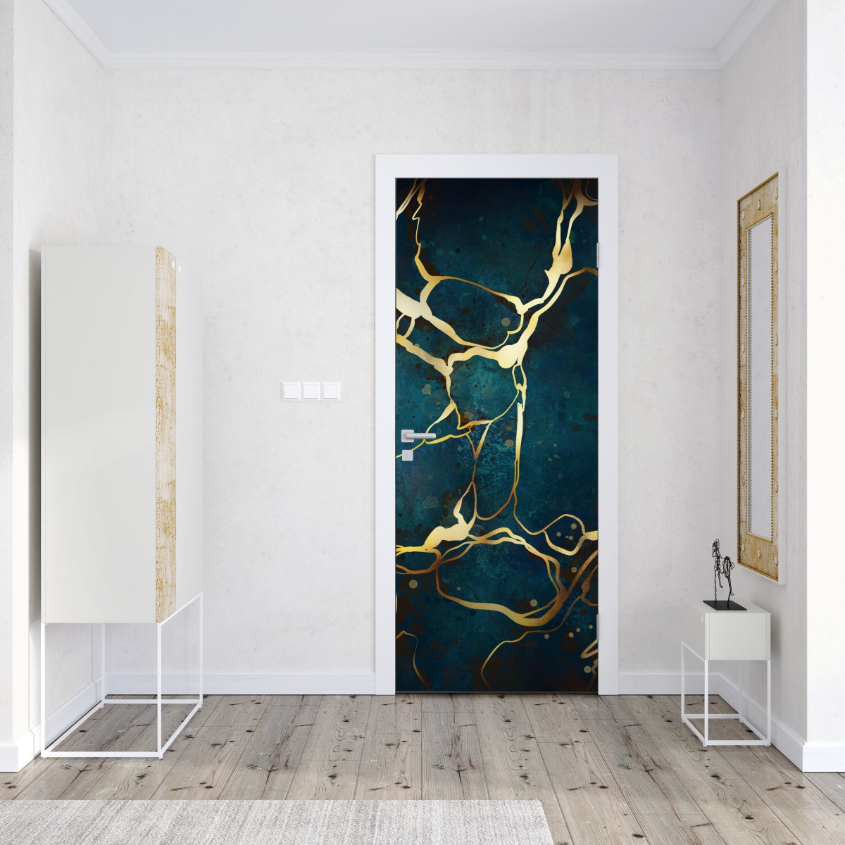 Naklejka na drzwi turkusowo-złota abstrakcja ze złotymi żyłami – Wallissimo® Naklejka na drzwi turkusowo-złota abstrakcja ze złotymi żyłami – Wallissimo®