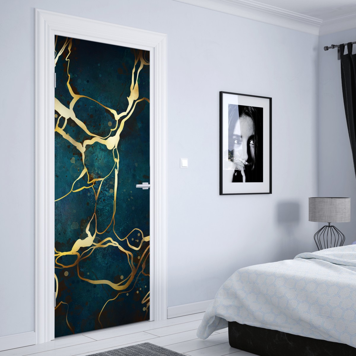 Naklejka na drzwi turkusowo-złota abstrakcja ze złotymi żyłami – Wallissimo® Naklejka na drzwi turkusowo-złota abstrakcja ze złotymi żyłami – Wallissimo®