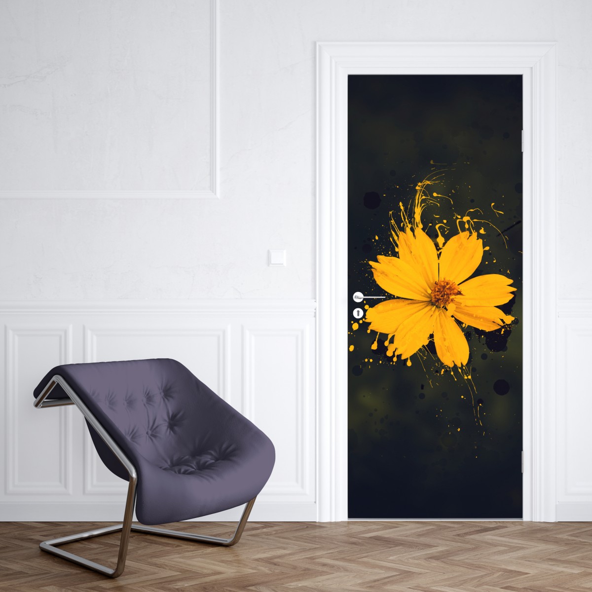 Naklejka na drzwi intensywny żółty kwiat na ciemnym tle – Wallissimo® Naklejka na drzwi intensywny żółty kwiat na ciemnym tle – Wallissimo®