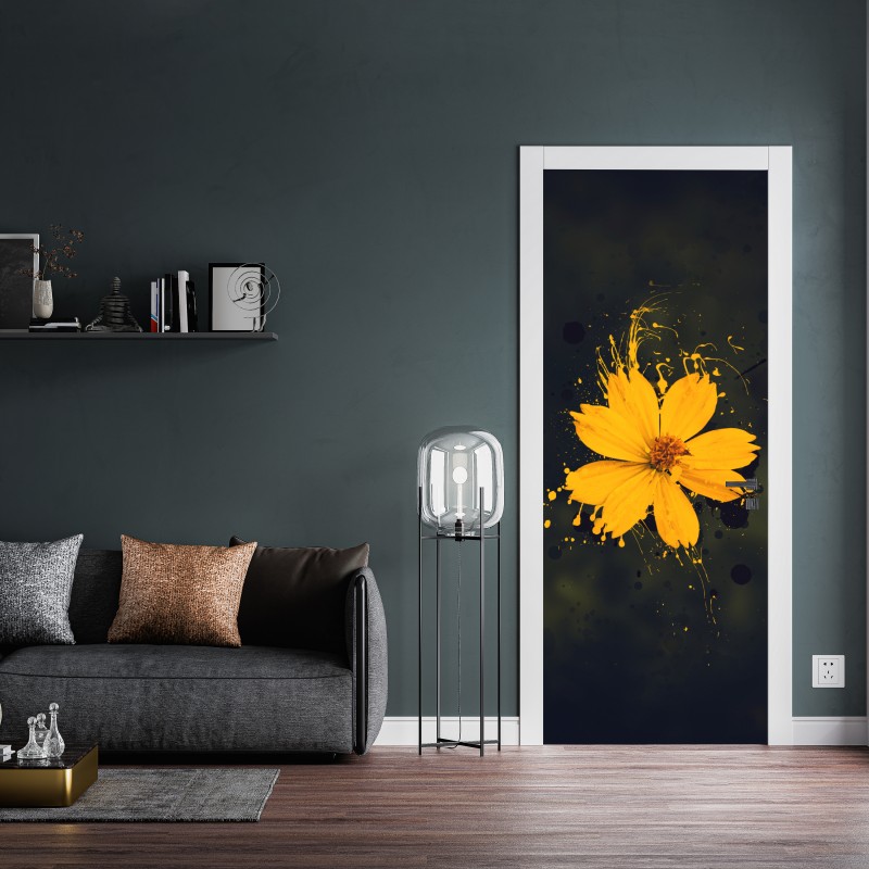 Naklejka na drzwi intensywny żółty kwiat na ciemnym tle – Wallissimo® Naklejka na drzwi intensywny żółty kwiat na ciemnym tle – Wallissimo®