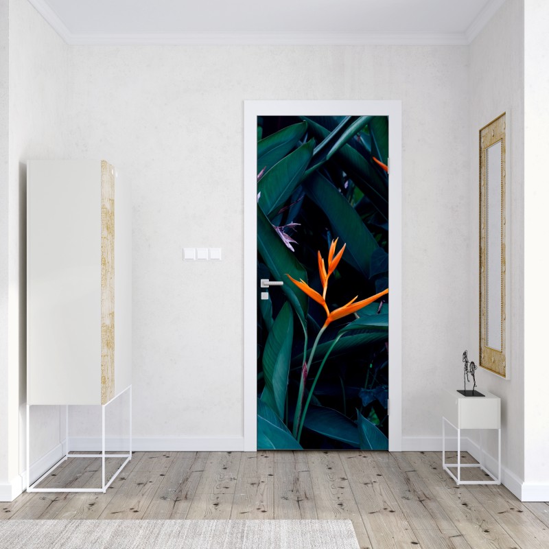 Naklejka na drzwi żywa strelicja na tle ciemnozielonych liści – Wallissimo® Naklejka na drzwi żywa strelicja na tle ciemnozielonych liści – Wallissimo®