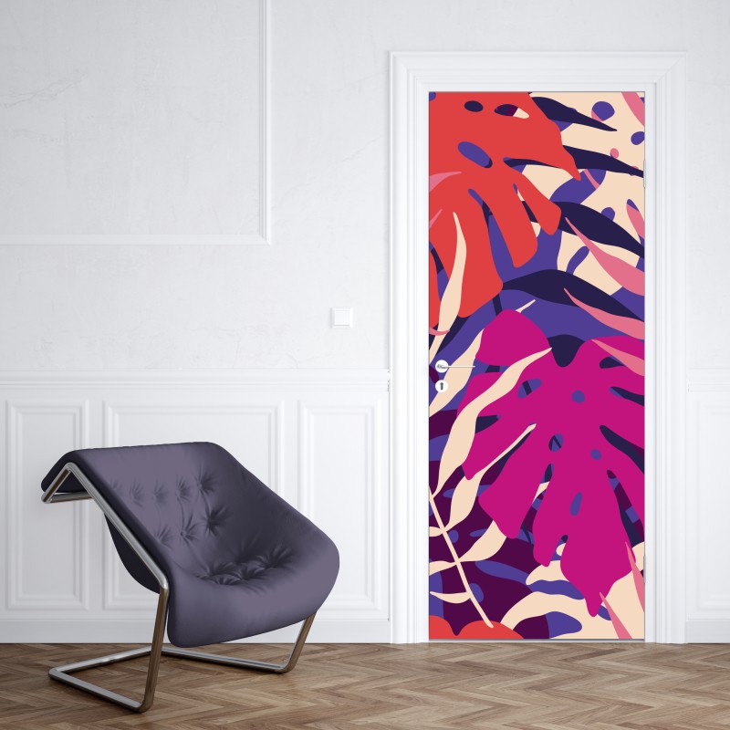 Naklejka na drzwi pastelowy tropikalny wzór liści – Wallissimo® Naklejka na drzwi pastelowy tropikalny wzór liści – Wallissimo®