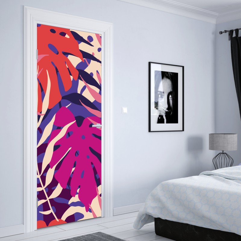 Naklejka na drzwi pastelowy tropikalny wzór liści – Wallissimo® Naklejka na drzwi pastelowy tropikalny wzór liści – Wallissimo®