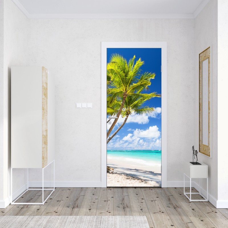 Naklejka na drzwi tropikalna plaża z palmami w Punta Cana – Wallissimo® Naklejka na drzwi tropikalna plaża z palmami w Punta Cana – Wallissimo®