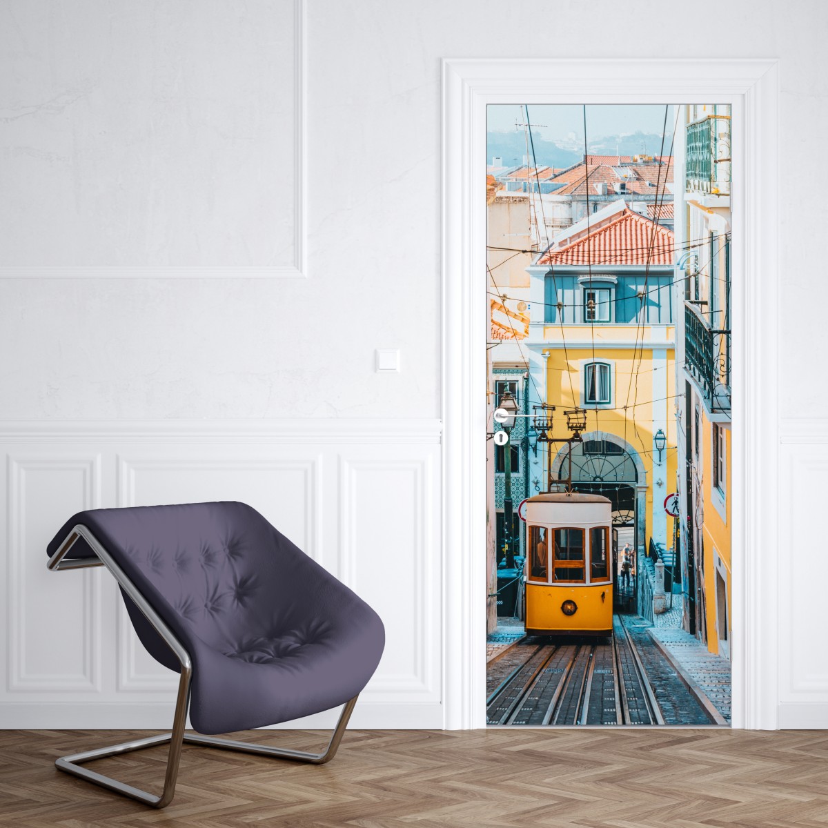 Naklejka na drzwi kolorowy tramwaj bica w Lizbonie – Wallissimo® Naklejka na drzwi kolorowy tramwaj bica w Lizbonie – Wallissimo®