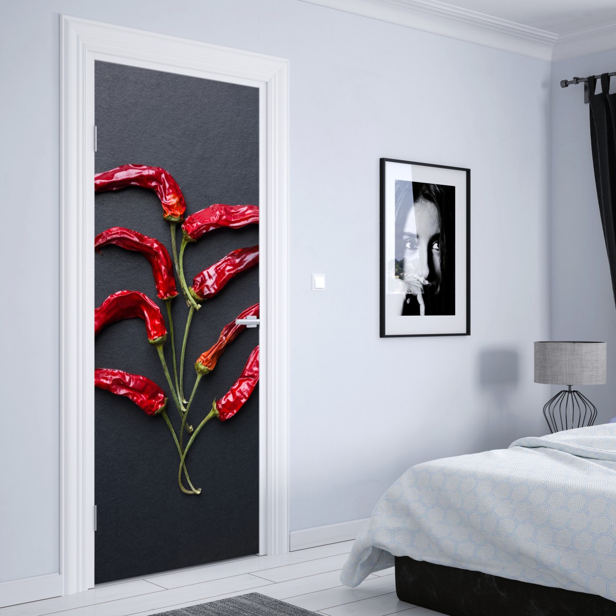 Naklejka na drzwi kulinarna grafika z czerwonych papryczek chili – Wallissimo® Naklejka na drzwi kulinarna grafika z czerwonych papryczek chili – Wallissimo®