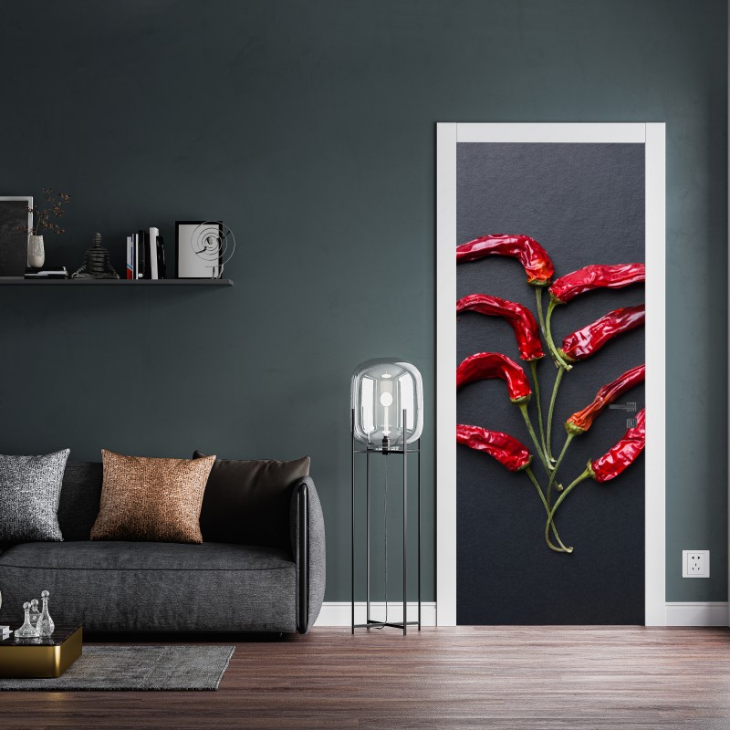 Naklejka na drzwi kulinarna grafika z czerwonych papryczek chili – Wallissimo® Naklejka na drzwi kulinarna grafika z czerwonych papryczek chili – Wallissimo®