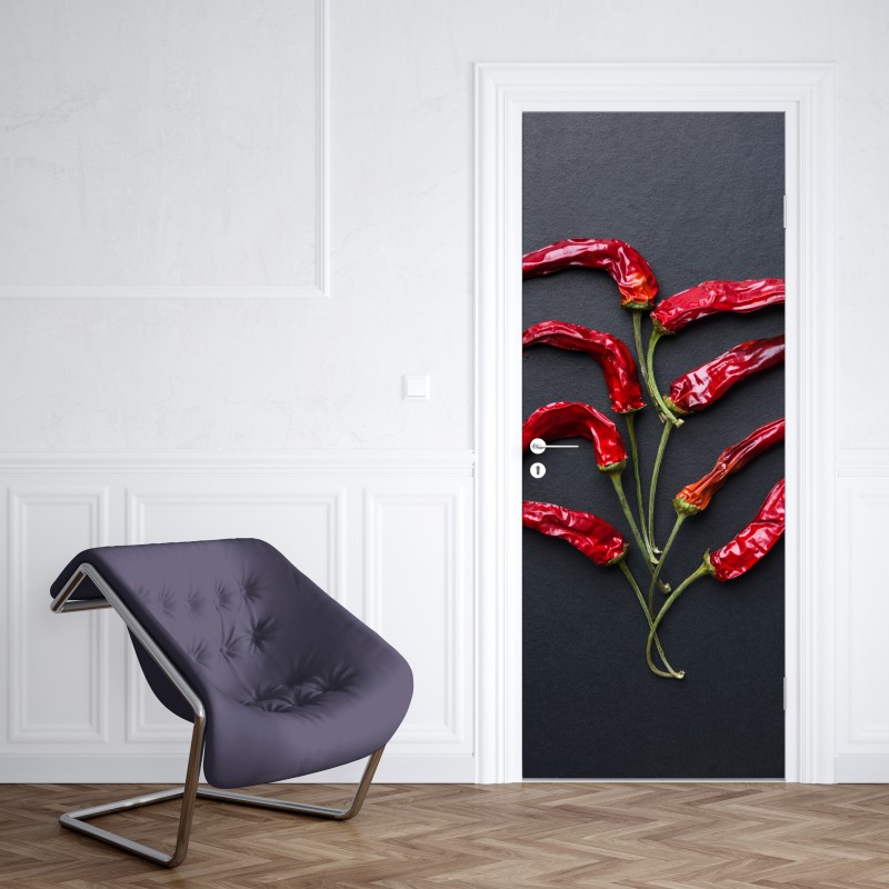 Naklejka na drzwi kulinarna grafika z czerwonych papryczek chili – Wallissimo® Naklejka na drzwi kulinarna grafika z czerwonych papryczek chili – Wallissimo®