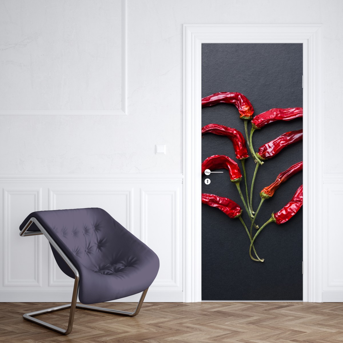 Naklejka na drzwi kulinarna grafika z czerwonych papryczek chili – Wallissimo® Naklejka na drzwi kulinarna grafika z czerwonych papryczek chili – Wallissimo®