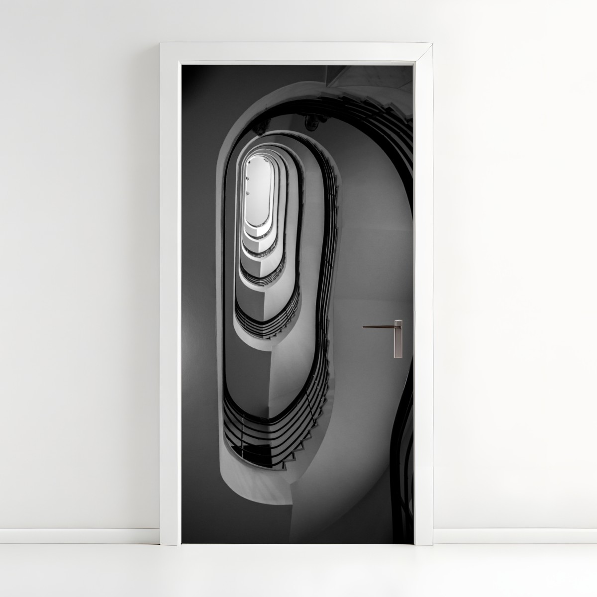 Door sticker spiral staircase perspective in black and white – Wallissimo®